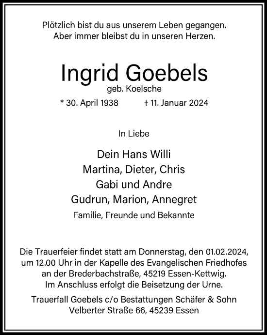 Traueranzeige von Ingrid Goebels von Tageszeitung