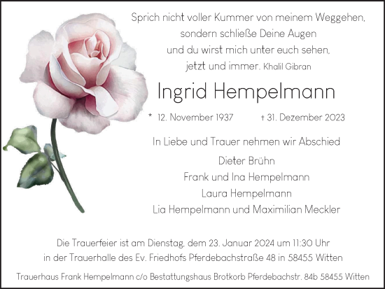 Traueranzeige von Ingrid Hempelmann von Tageszeitung