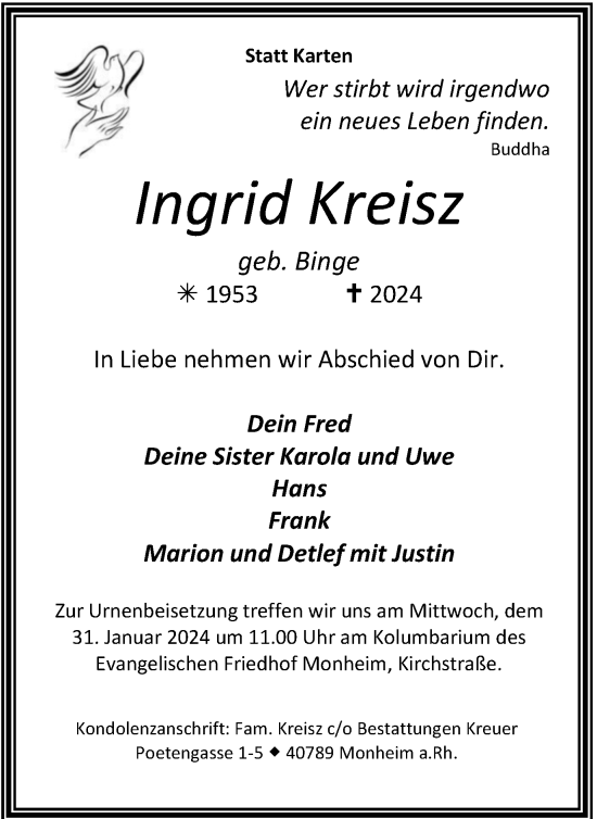 Traueranzeige von Ingrid Kreisz von Tageszeitung