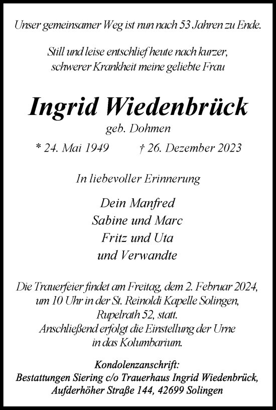 Traueranzeige von Ingrid Wiedenbrück von Tageszeitung