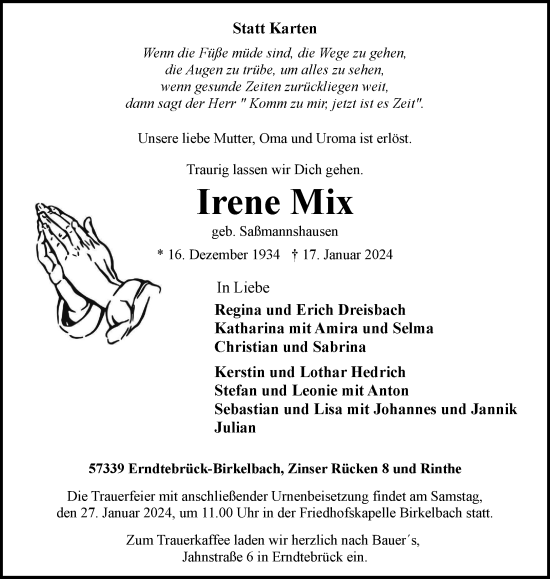 Traueranzeige von Irene Mix von Tageszeitung