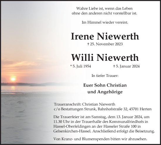 Traueranzeige von Irene und Willi Niewerth von Tageszeitung