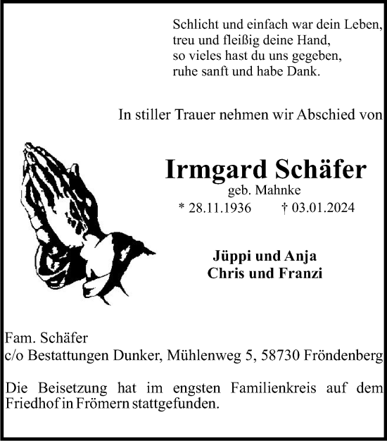 Traueranzeige von Irmgard Schäfer von Tageszeitung