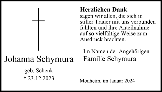 Traueranzeige von Johanna Schymura von Tageszeitung