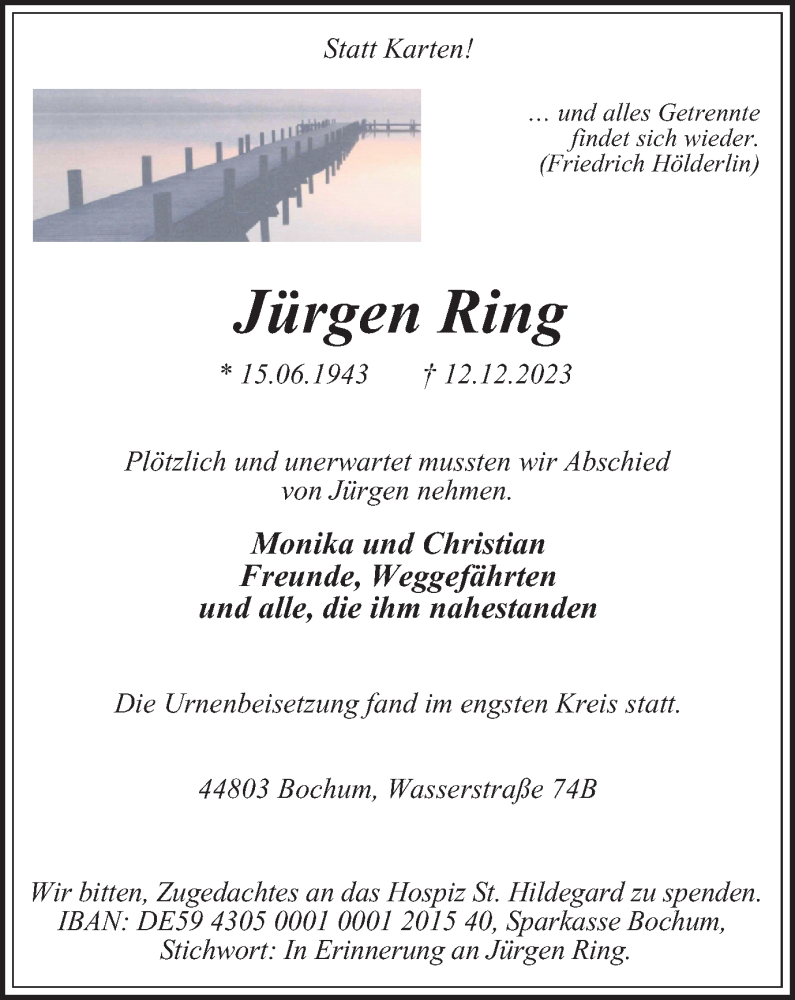  Traueranzeige für Jürgen Ring vom 20.01.2024 aus Tageszeitung