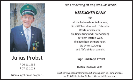 Traueranzeige von Julius Probst von Tageszeitung