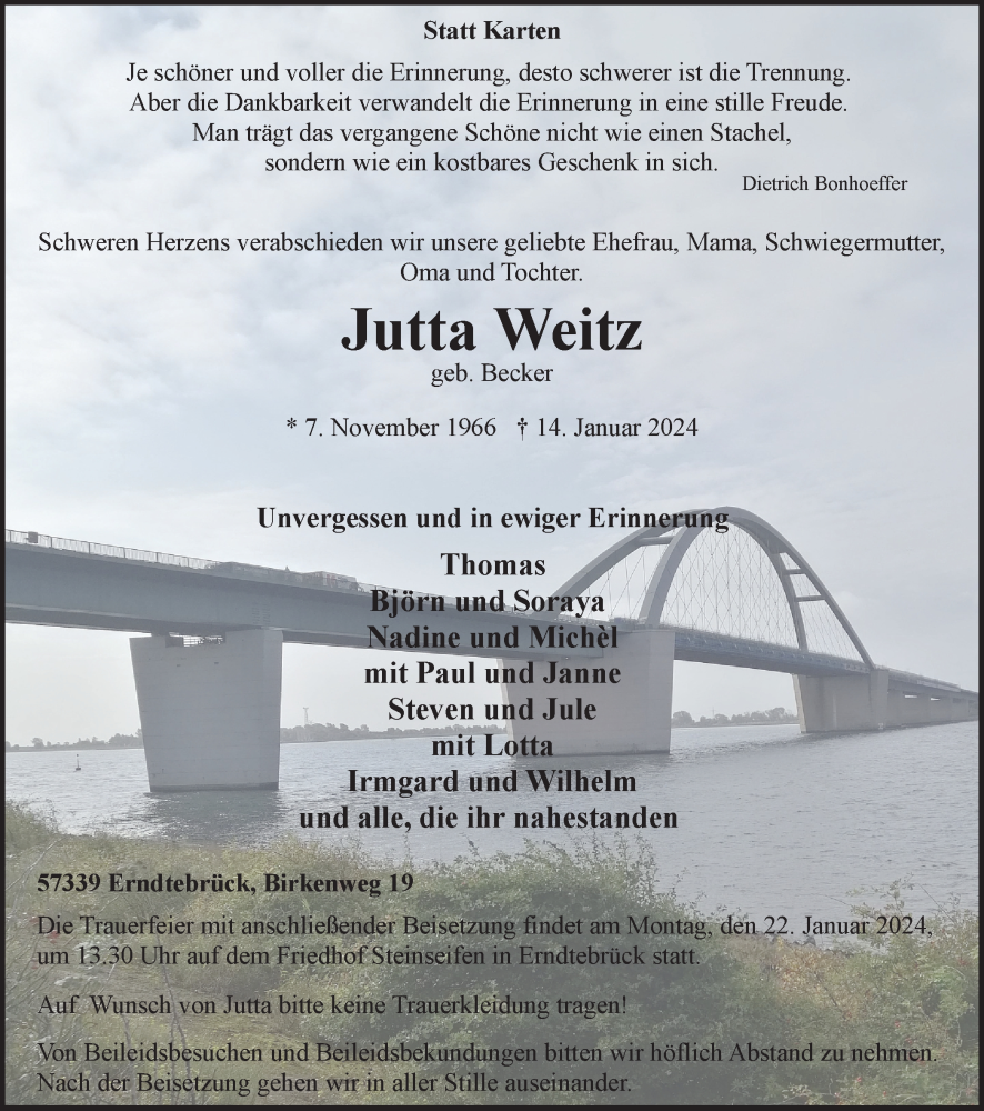  Traueranzeige für Jutta Weitz vom 19.01.2024 aus Tageszeitung
