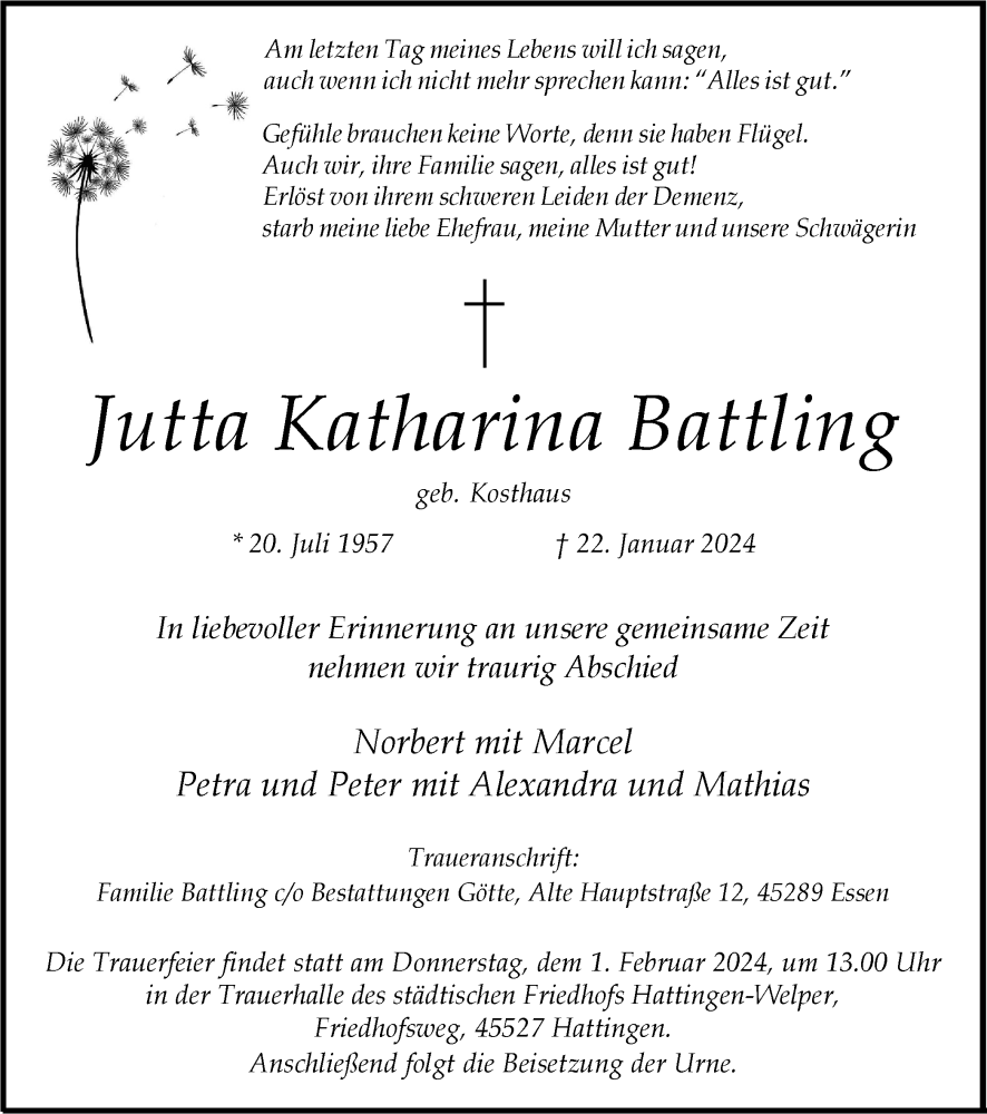  Traueranzeige für Jutta Katharina Battling vom 27.01.2024 aus Tageszeitung