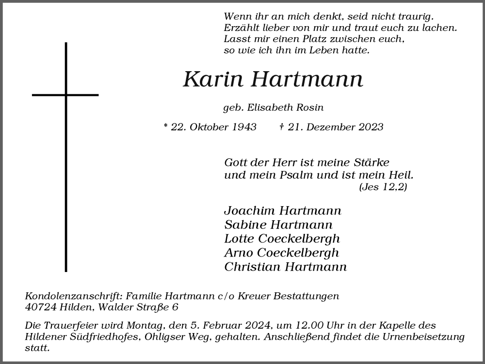  Traueranzeige für Karin Hartmann vom 06.01.2024 aus Tageszeitung