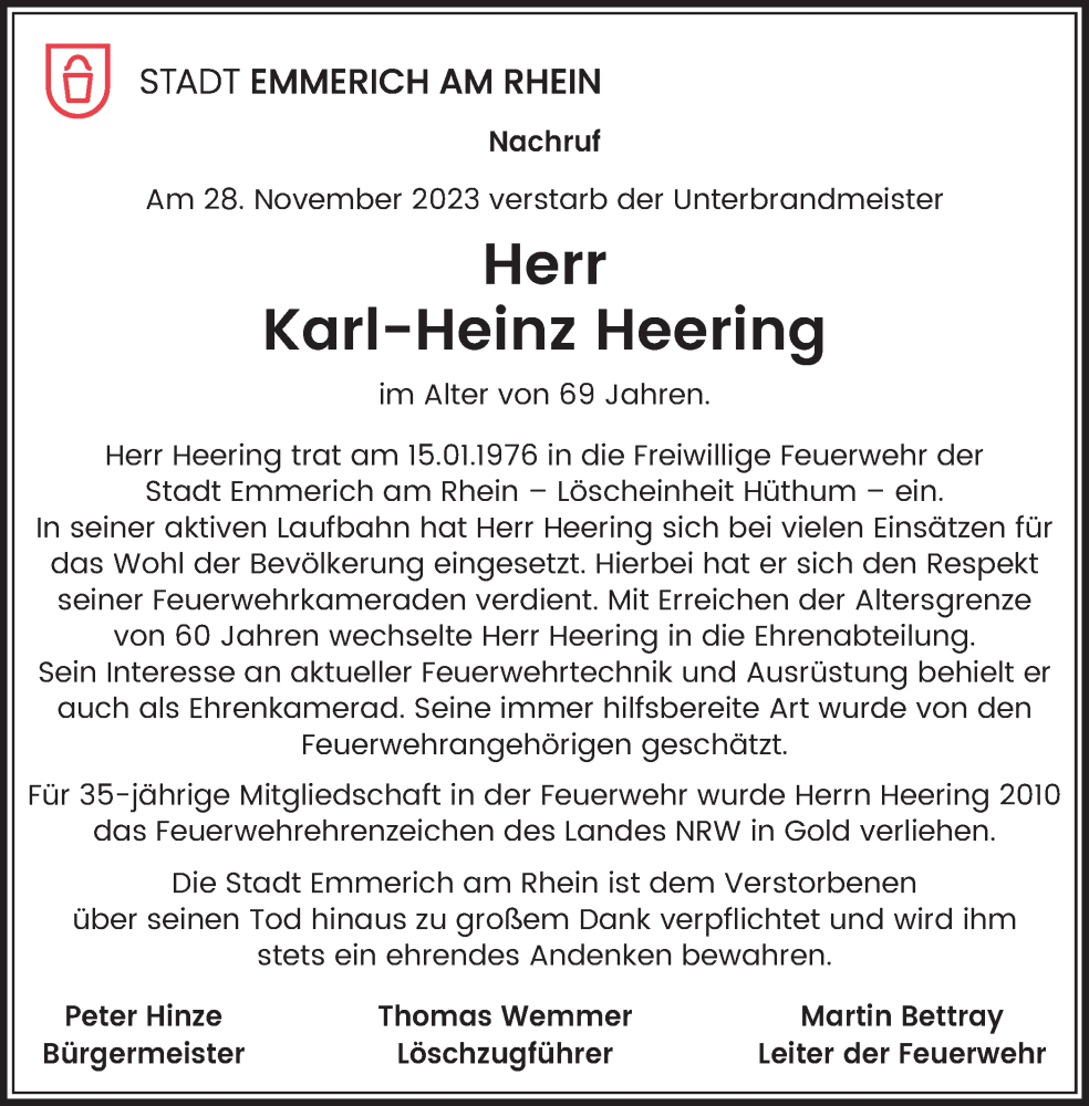  Traueranzeige für Karl-Heinz Heering vom 13.01.2024 aus Tageszeitung
