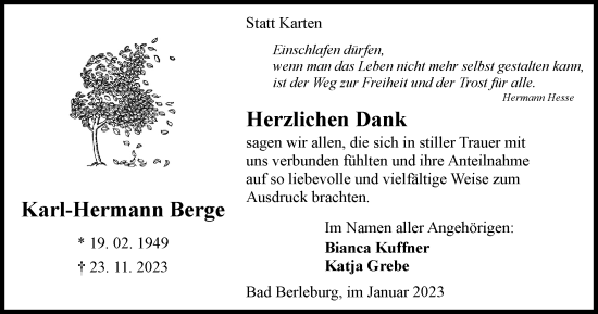 Traueranzeige von Karl-Hermann Berge von Tageszeitung