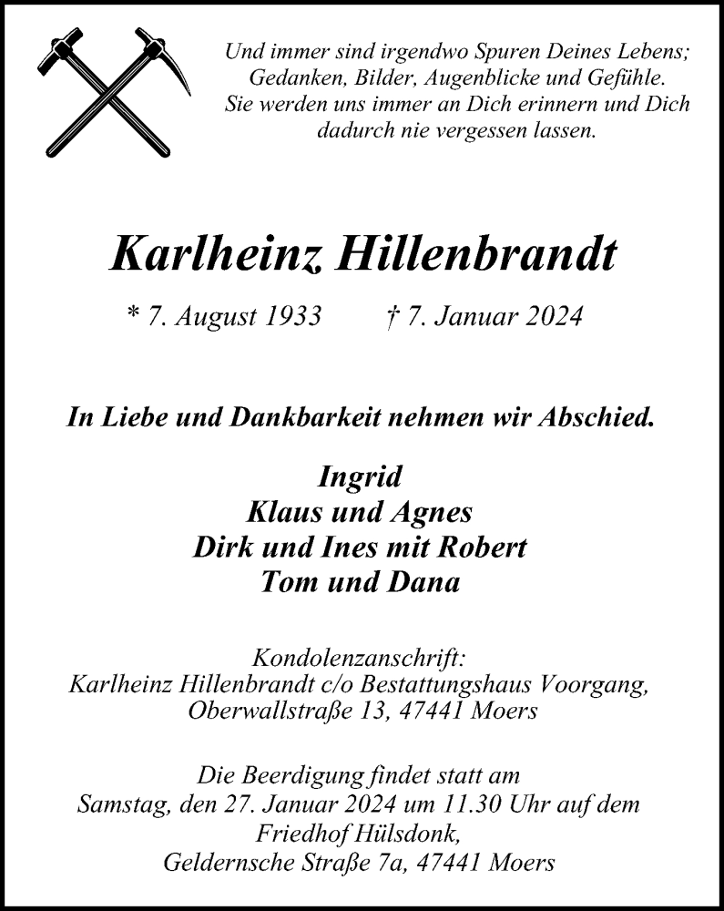 Traueranzeige für Karlheinz Hillenbrandt vom 20.01.2024 aus Tageszeitung