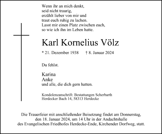 Traueranzeige von Karl Kornelius Völz von Tageszeitung