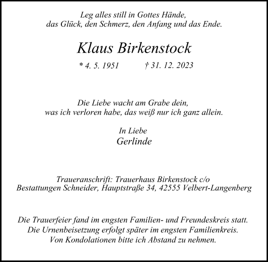 Traueranzeige von Klaus Birkenstock von Tageszeitung