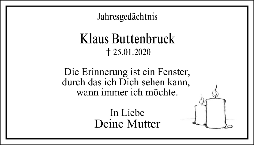  Traueranzeige für Klaus Buttenbruck vom 27.01.2024 aus Tageszeitung