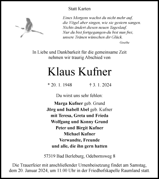 Traueranzeige von Klaus Kufner von Tageszeitung