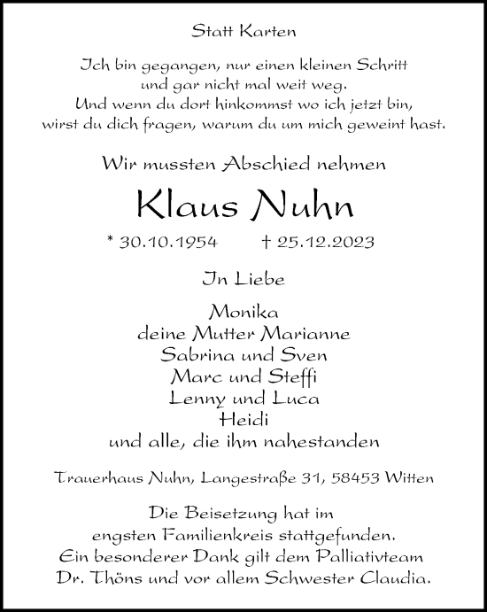 Traueranzeige von Klaus Nuhn von Tageszeitung