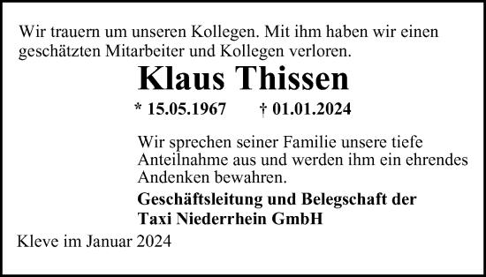 Traueranzeige von Klaus Thissen von Tageszeitung