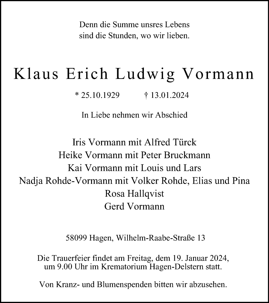  Traueranzeige für Klaus Erich Ludwig Vormann vom 18.01.2024 aus Tageszeitung