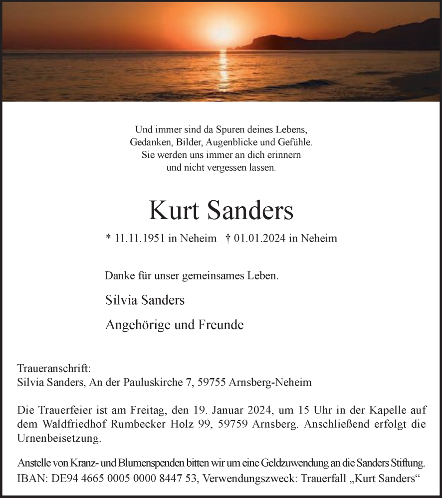  Traueranzeige für Kurt Sanders vom 13.01.2024 aus Tageszeitung
