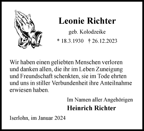 Traueranzeige von Leonie Richter von Tageszeitung