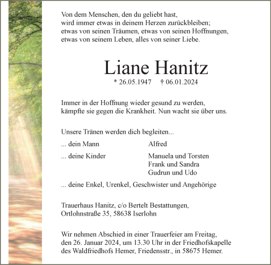 Traueranzeige von Liane Hanitz von Tageszeitung