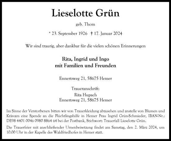 Traueranzeige von Lieselotte Grün von Tageszeitung