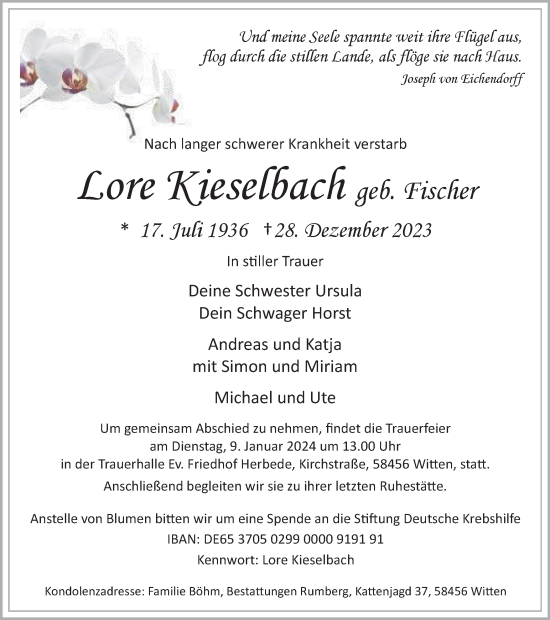 Traueranzeige von Lore Kieselbach von Tageszeitung