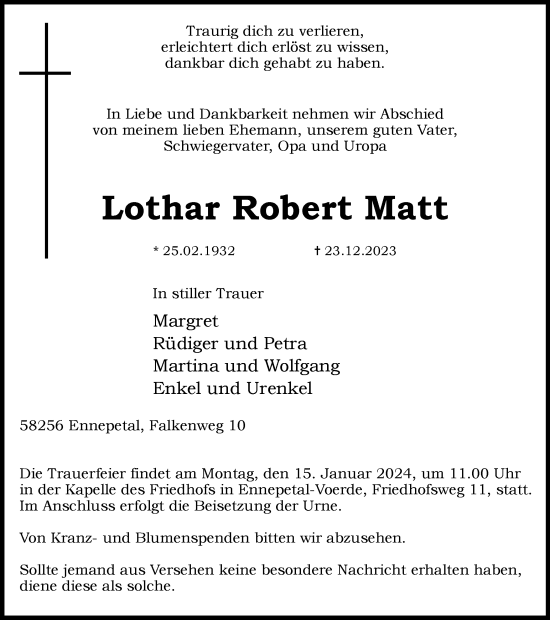 Traueranzeige von Lothar Robert Matt von Tageszeitung