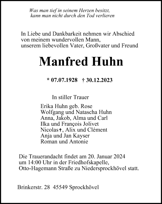 Traueranzeige von Manfred Huhn von Tageszeitung