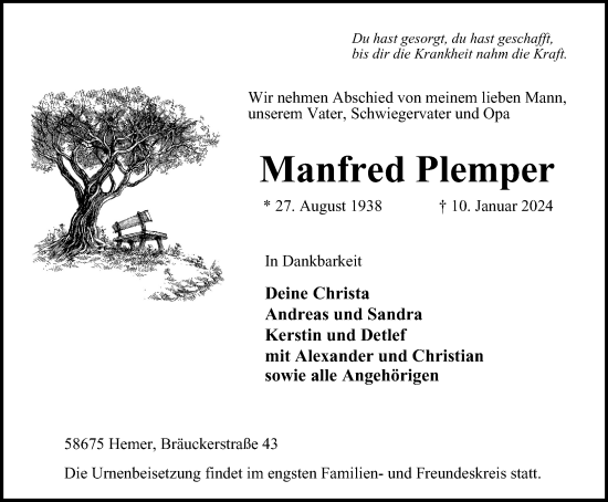 Traueranzeige von Manfred Plemper von Tageszeitung