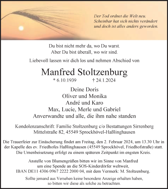 Traueranzeige von Manfred Stoltzenburg von Tageszeitung
