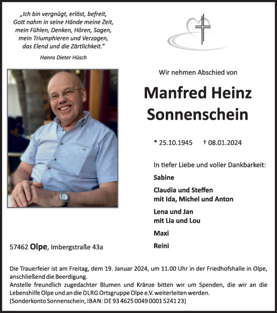Traueranzeige von Manfred Heinz Sonnenschein von Tageszeitung