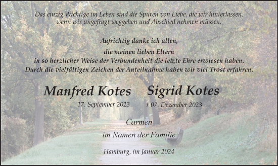 Traueranzeige von Manfred und Sigrid Kotes von Tageszeitung