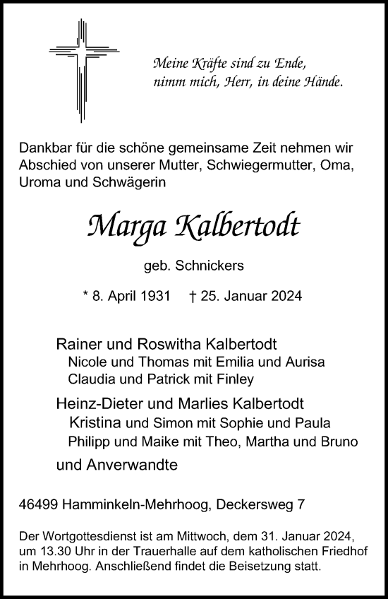 Traueranzeige von Marga Kalbertodt von Tageszeitung