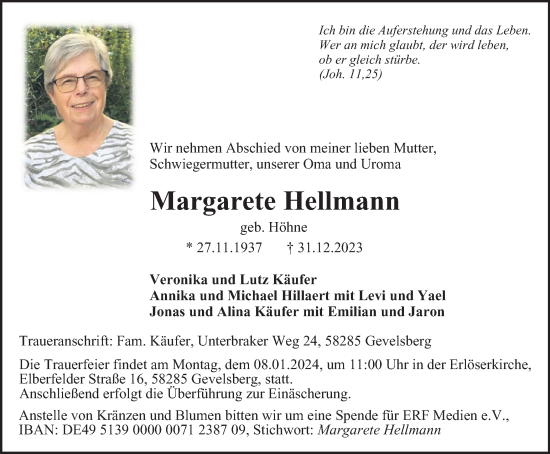 Traueranzeige von Margarete Hellmann von Tageszeitung