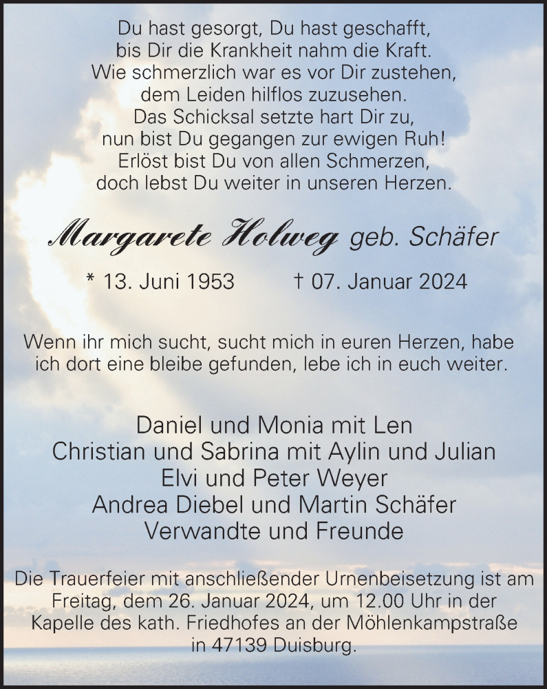  Traueranzeige für Margarete Holweg vom 20.01.2024 aus Tageszeitung