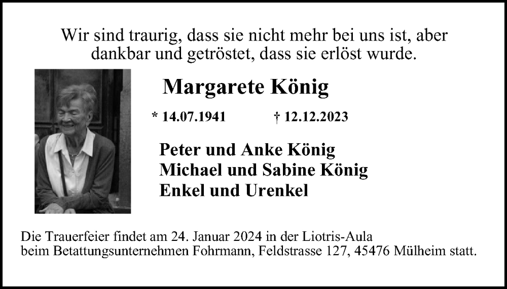  Traueranzeige für Margarete König vom 06.01.2024 aus Tageszeitung