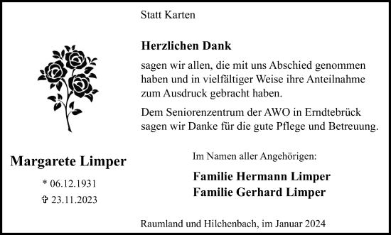 Traueranzeige von Margarete Limper von Tageszeitung