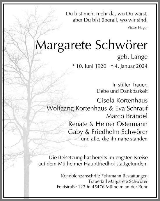 Traueranzeige von Margarete Schwörer von Tageszeitung