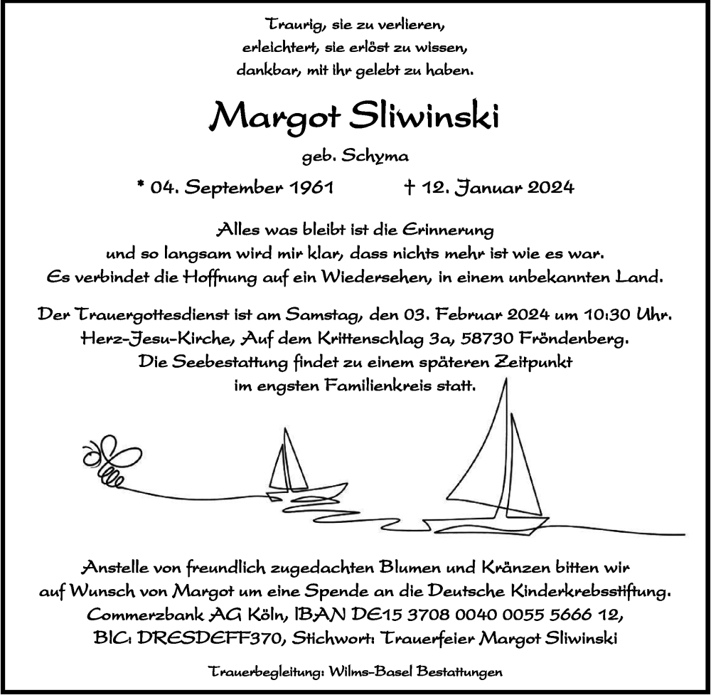  Traueranzeige für Margot Sliwinski vom 20.01.2024 aus Tageszeitung