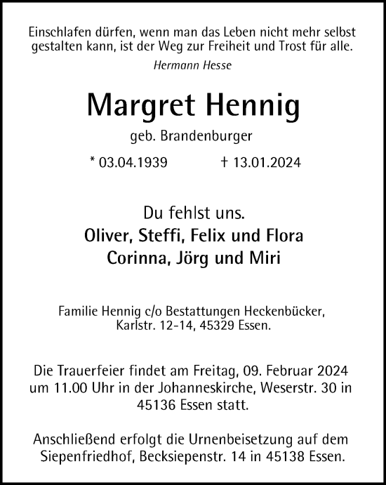 Traueranzeige von Margret Hennig von Tageszeitung