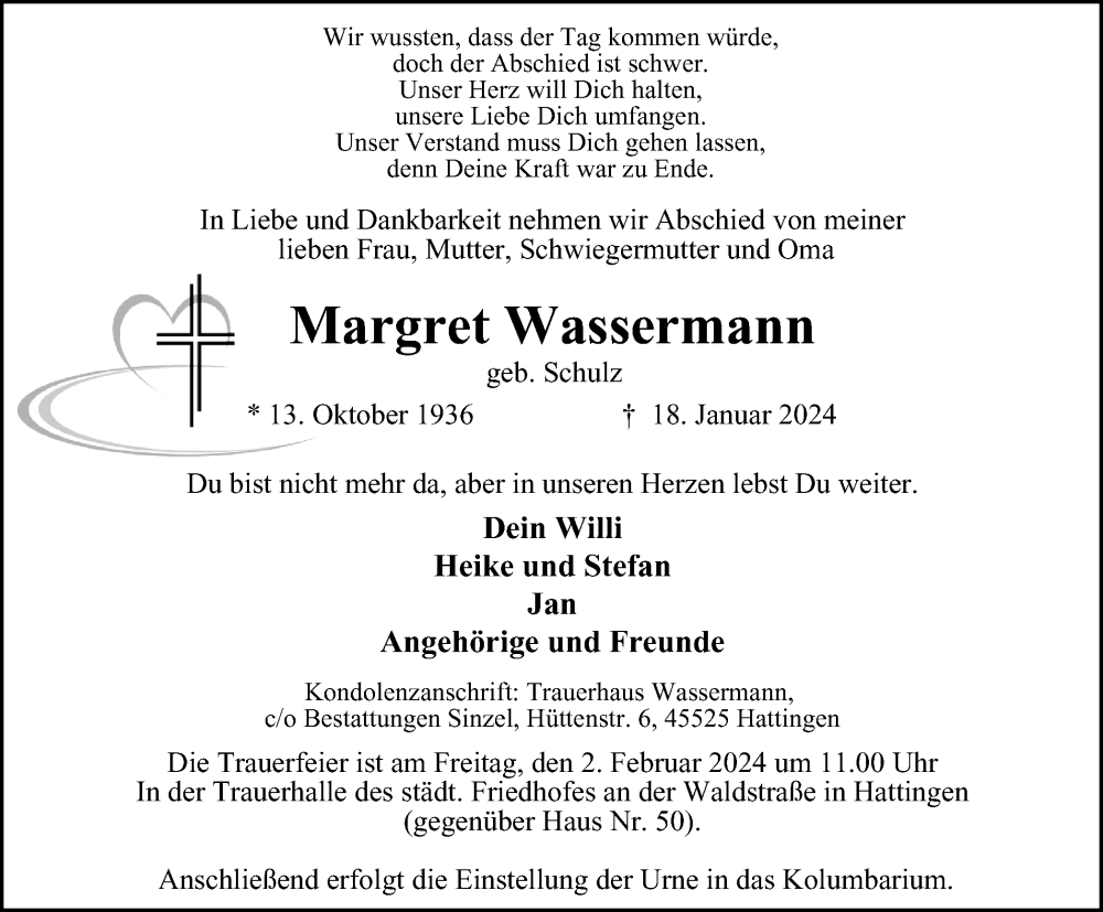  Traueranzeige für Margret Wassermann vom 27.01.2024 aus Tageszeitung