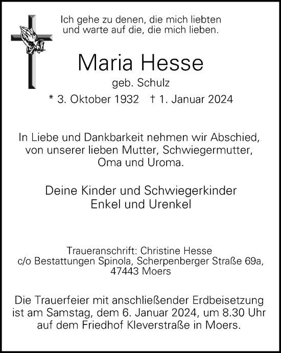 Traueranzeige von Maria Hesse von Tageszeitung