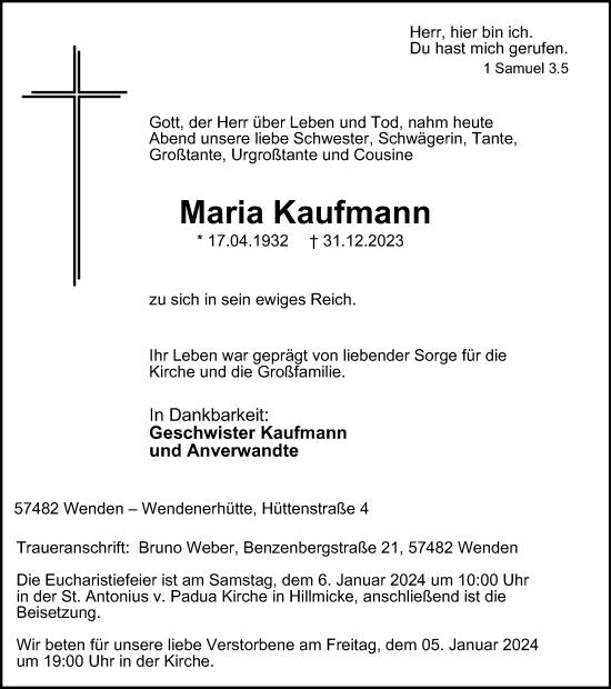 Traueranzeige von Maria Kaufmann von Tageszeitung