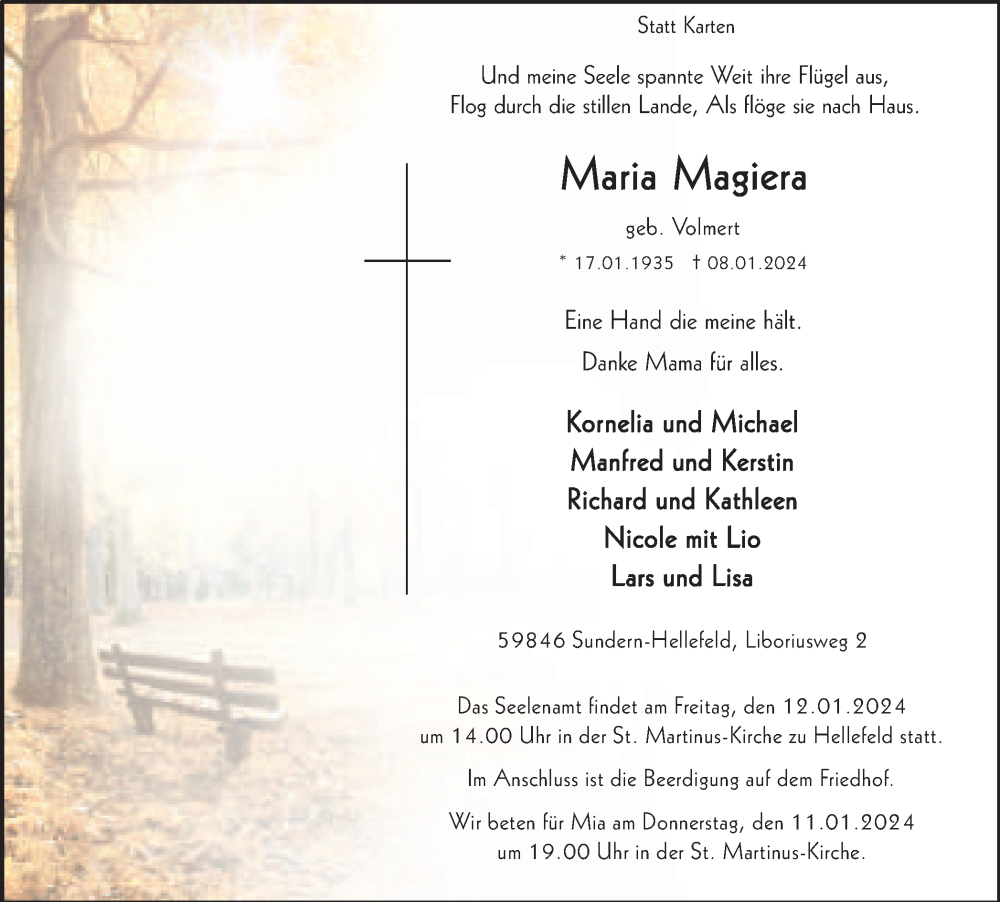  Traueranzeige für Maria Magiera vom 11.01.2024 aus Tageszeitung