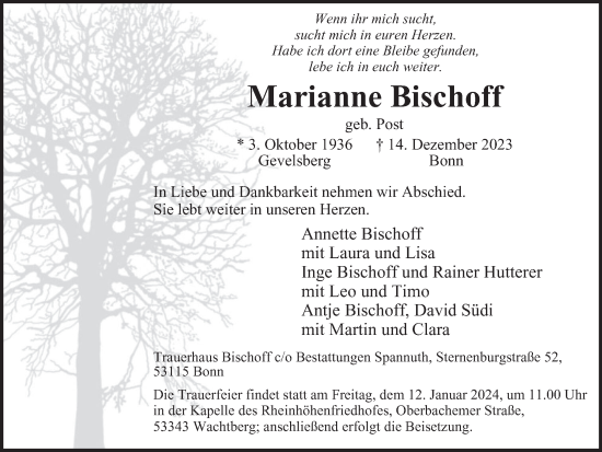 Traueranzeige von Marianne Bischoff von Tageszeitung
