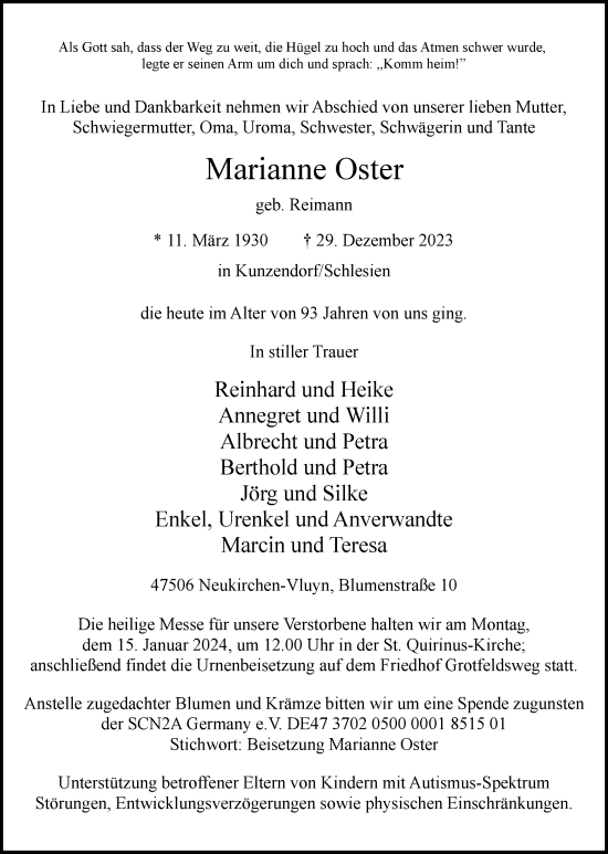Traueranzeige von Marianne Oster von Tageszeitung