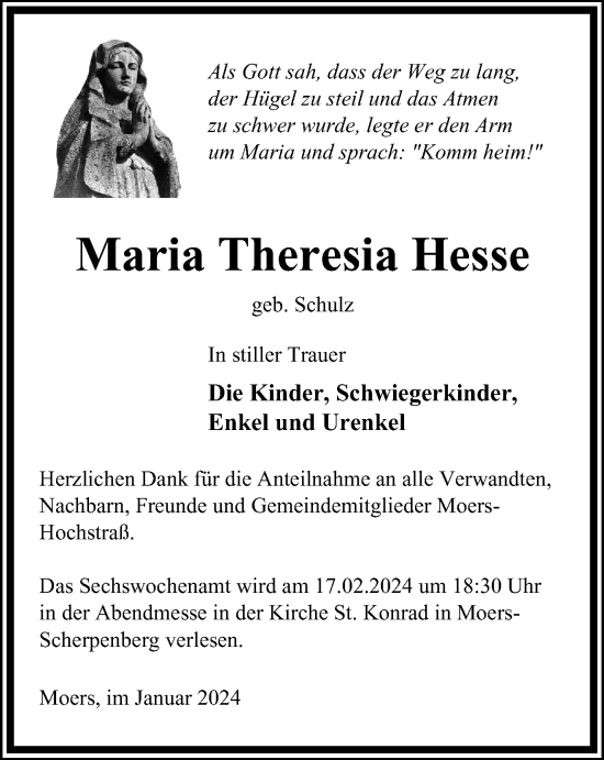 Traueranzeige von Maria Theresia Hesse von Tageszeitung