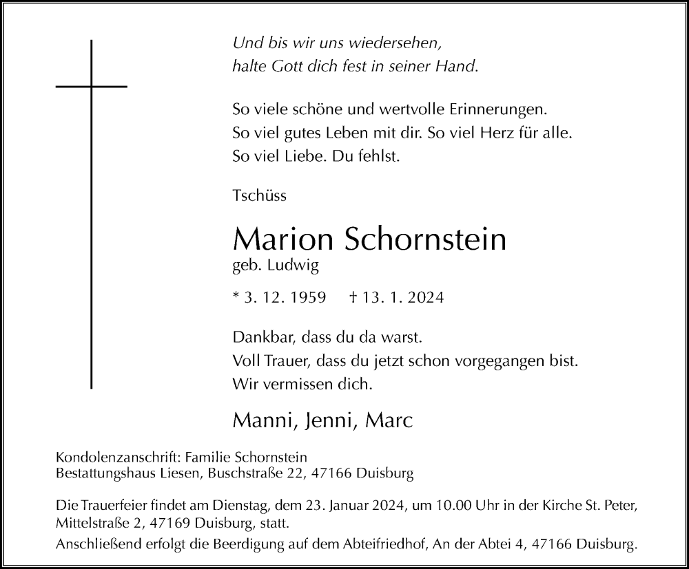  Traueranzeige für Marion Schornstein vom 20.01.2024 aus Tageszeitung